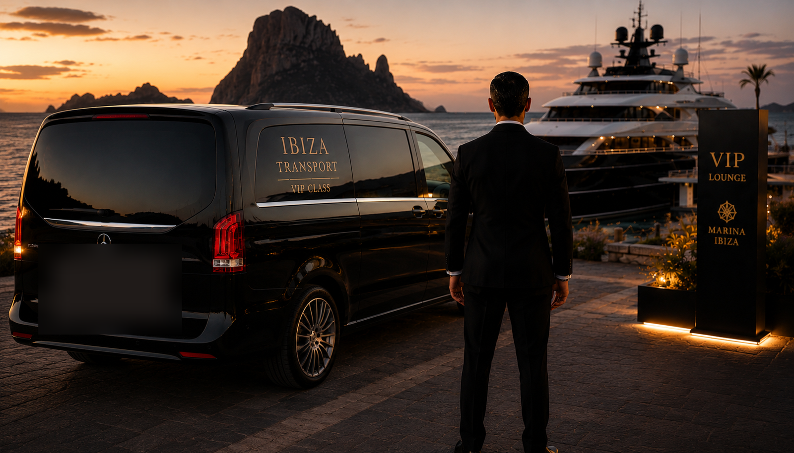 Chauffeur and VIP van at Marina Ibiza sunset